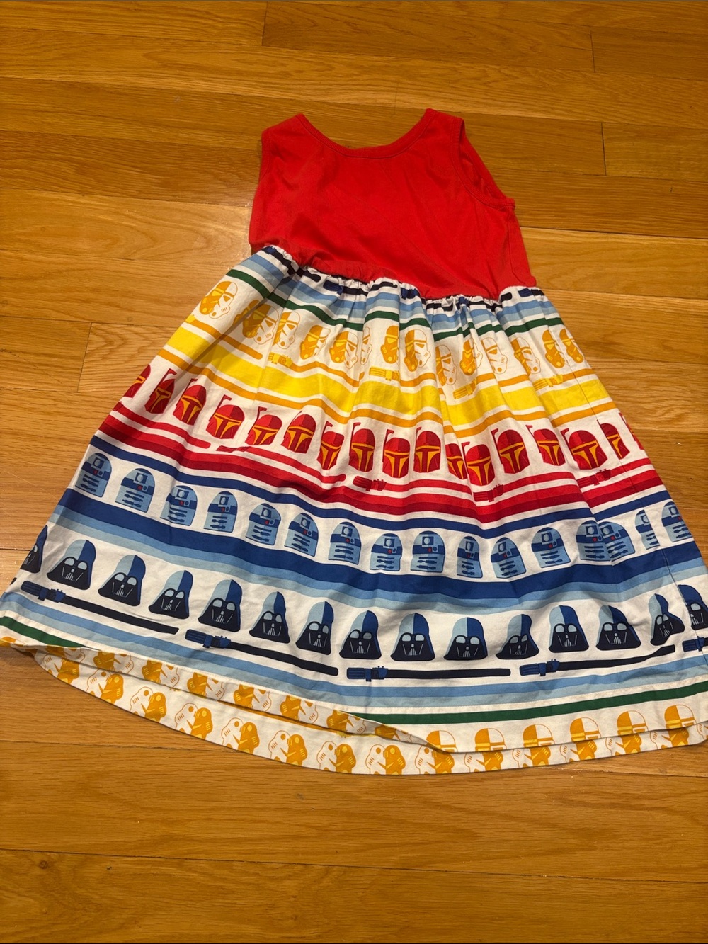 Hanna Andersson Red Tank Dress with Multicolor Character Stripe Skirt